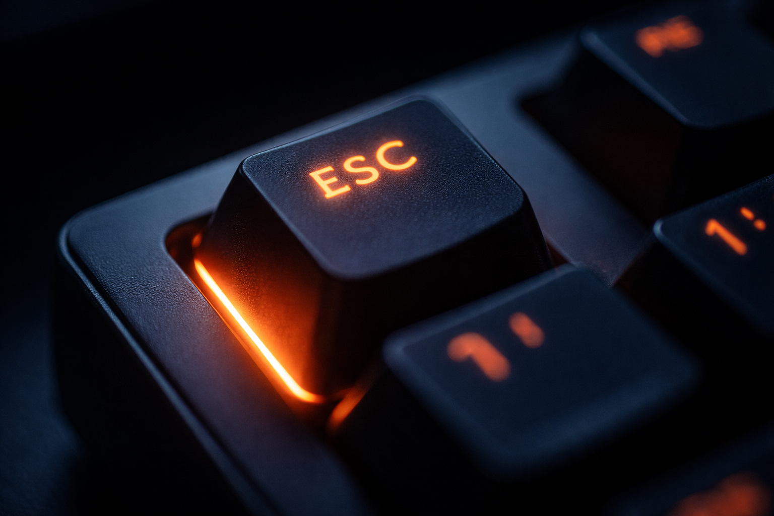 A detailed macro shot of an ESC (Escape) key glowing in neon orange on a dark mechanical keyboard. A concept symbolizing developers abandoning projects and high employee turnover in the B2B tech industry.