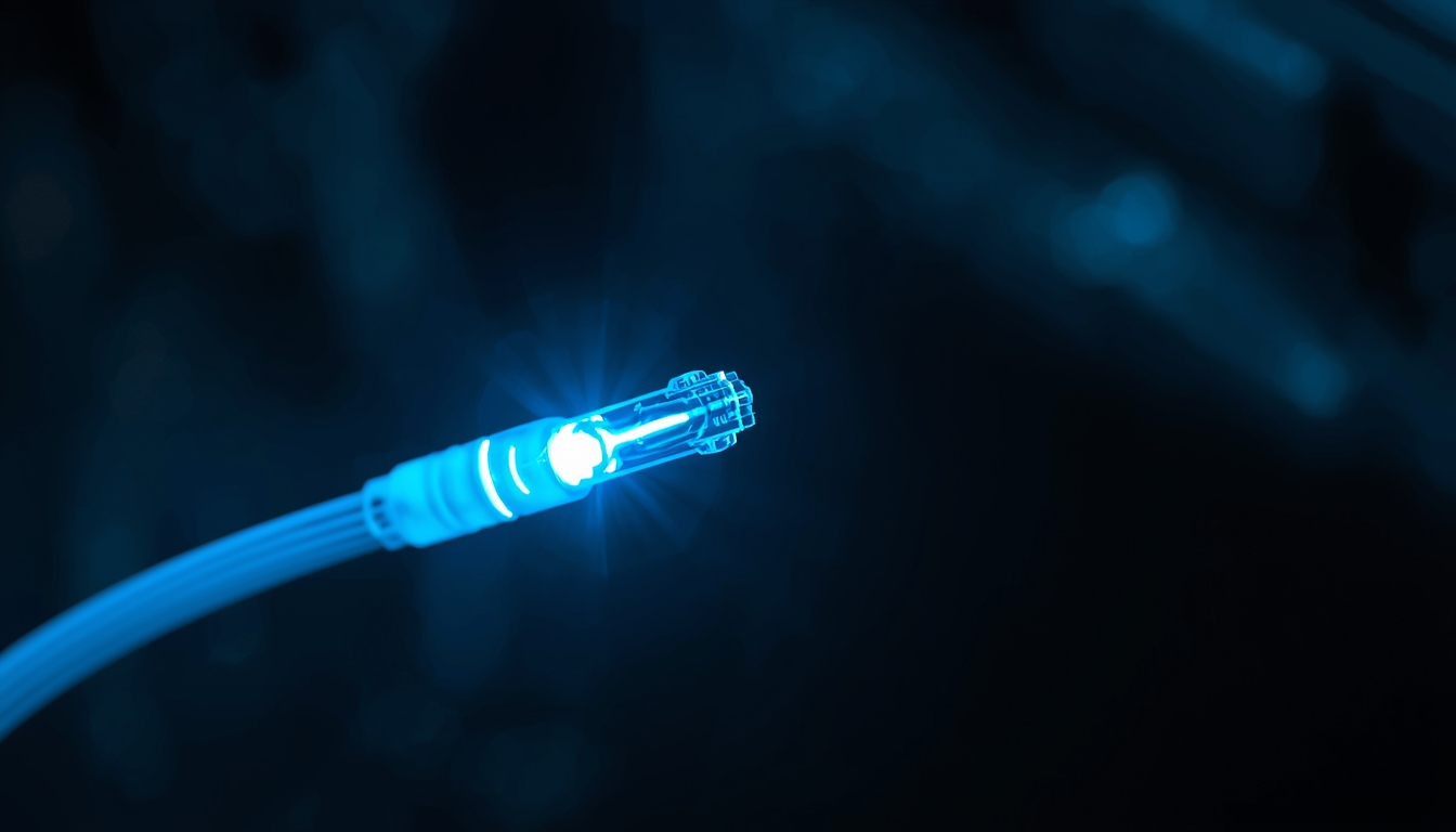 Macro shot of a glowing fiber optic cable symbolizing high-speed technical infrastructure.