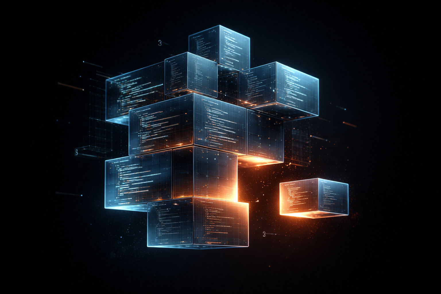 A 3D digital SaaS architecture with missing pieces floating in mid-air, illuminated by neon orange and deep blue lights. An abstract illustration depicting the incomplete technology infrastructure left behind when a software team or agency suddenly abandons a project.